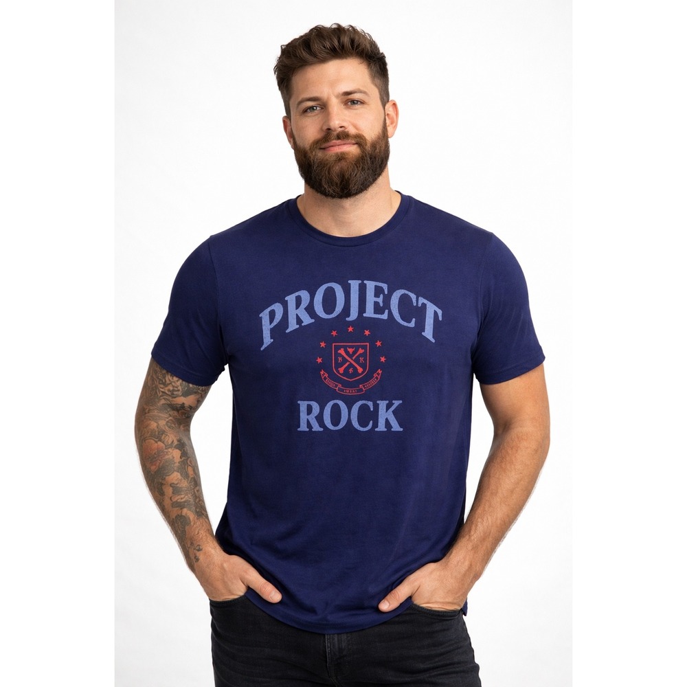 Under Armour Project Rock Mens Navy Blue Graphic Training T-Shirt Small SM Loose
